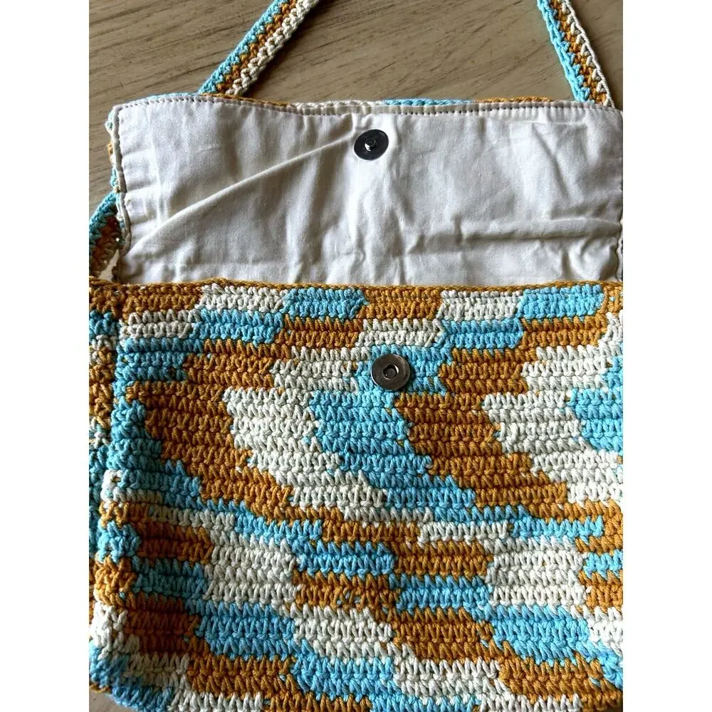 New Crochet Knit Purse Shoulder Bag Tan Blue Aztec Boho Hippie Retro Cotton ECO